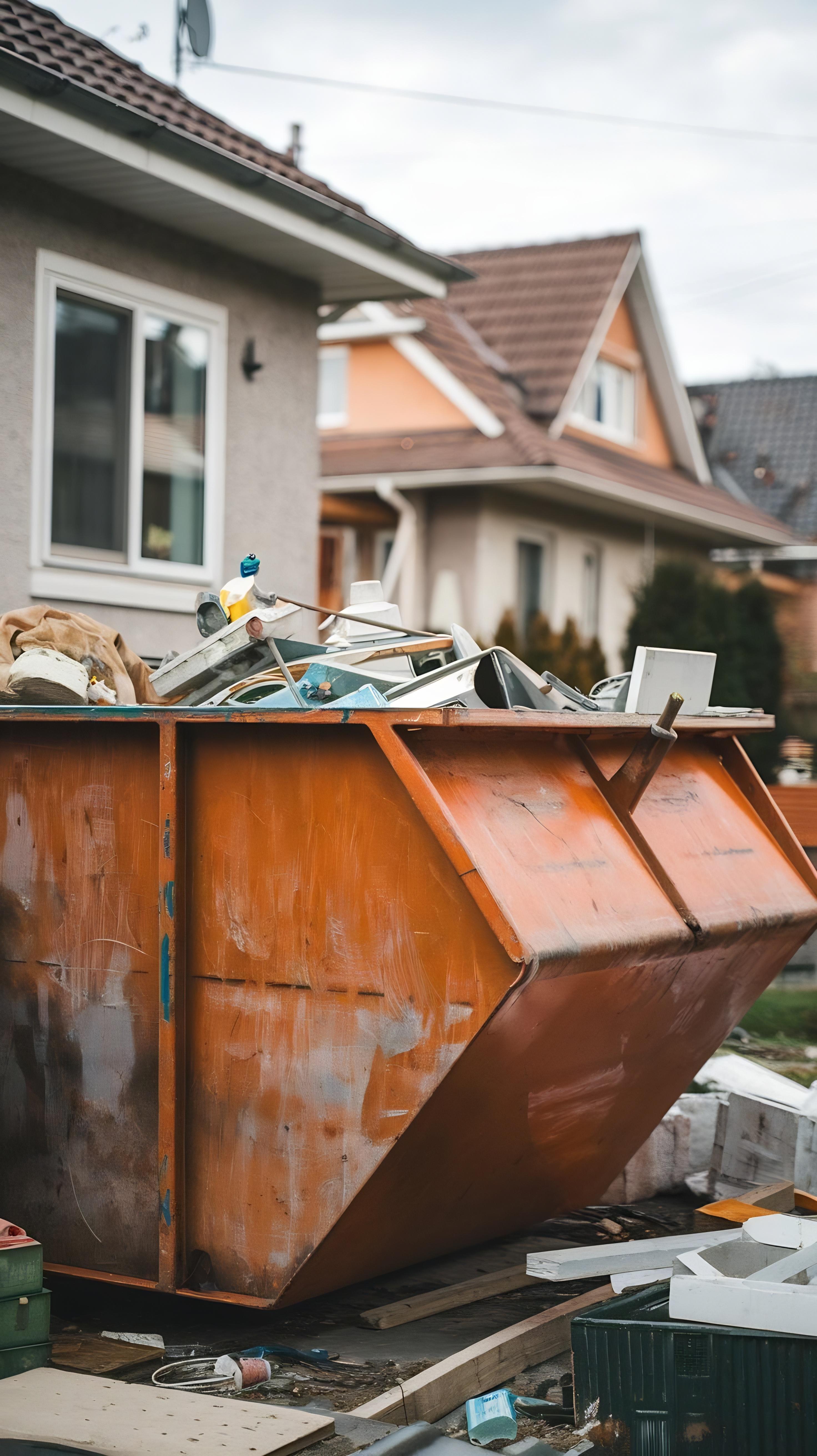 large-orange-metal-skip-contner-front-house-full-rubbish-from-household-reconstruction